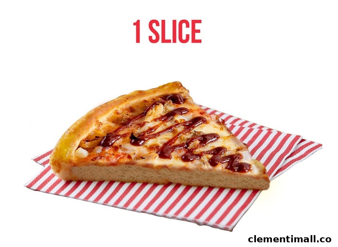 A single slice of pizza with BBQ sauce drizzle on a red and white striped napkin.