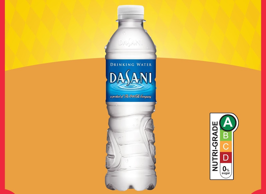 A Dasani drinking water bottle with a Nutri-Grade A label on a vibrant background.