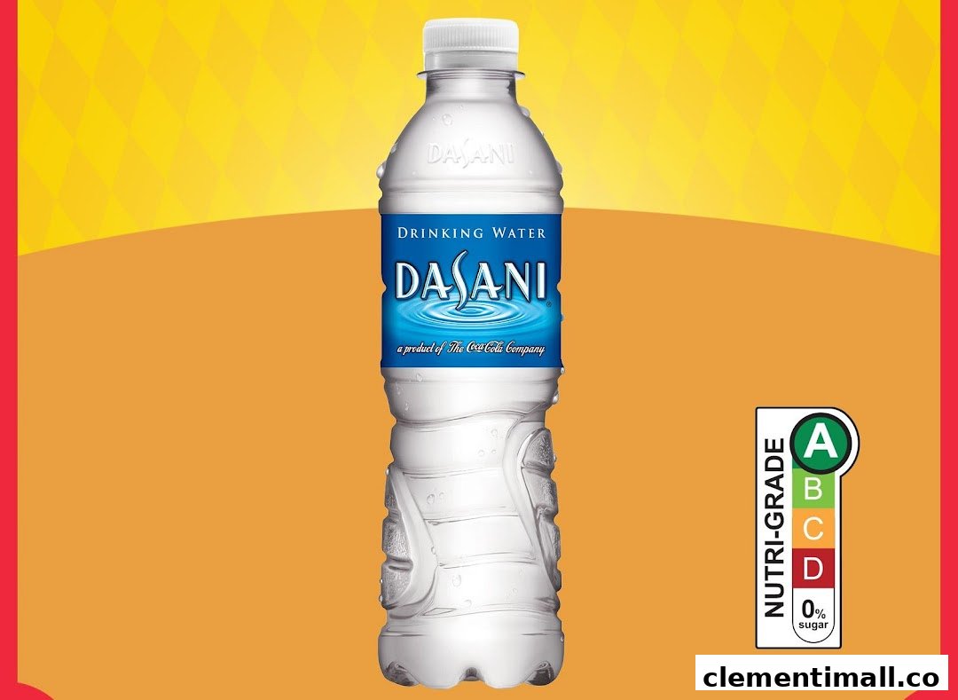 A Dasani drinking water bottle with a Nutri-Grade A label on a vibrant background.