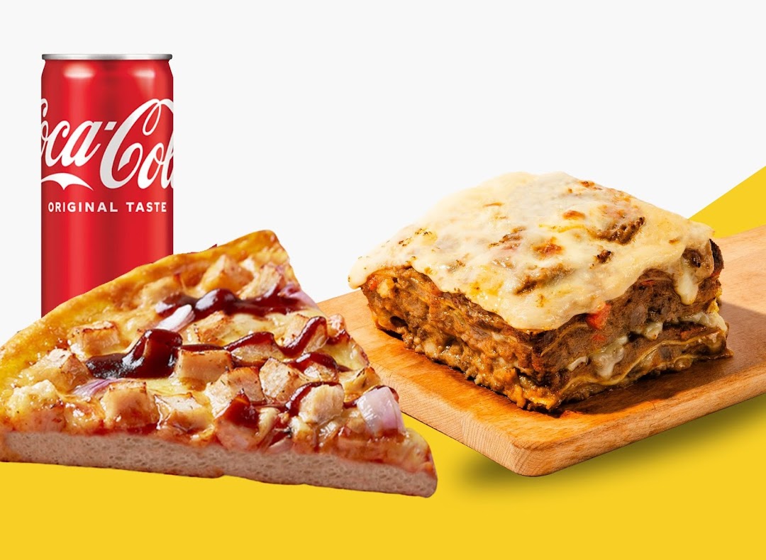 A slice of pizza, a serving of lasagna, and a Coca-Cola can on a yellow and white background.