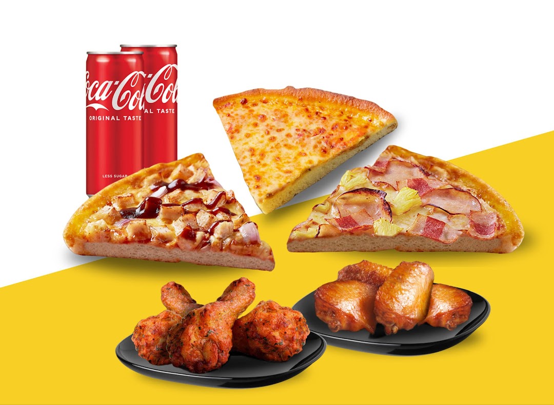 A vibrant display of Pezzo's delicious pizza slices, crispy chicken, and refreshing Coca-Cola cans.