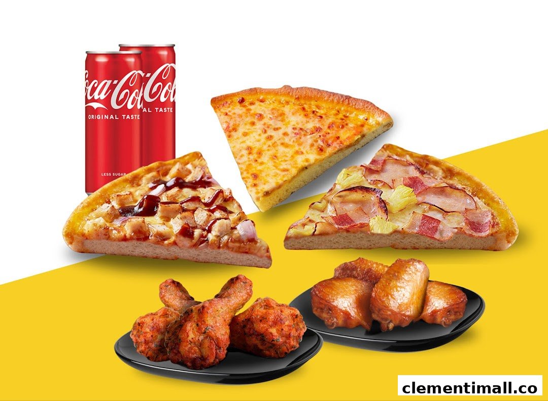 A vibrant display of Pezzo's delicious pizza slices, crispy chicken, and refreshing Coca-Cola cans.