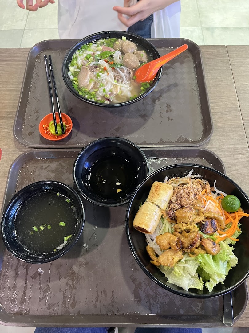 Two delicious Vietnamese dishes, including a bowl of pho and a dry noodle salad, served on trays.