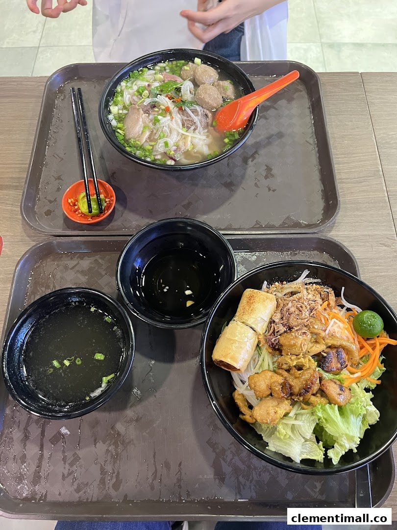 Two delicious Vietnamese dishes, including a bowl of pho and a dry noodle salad, served on trays.