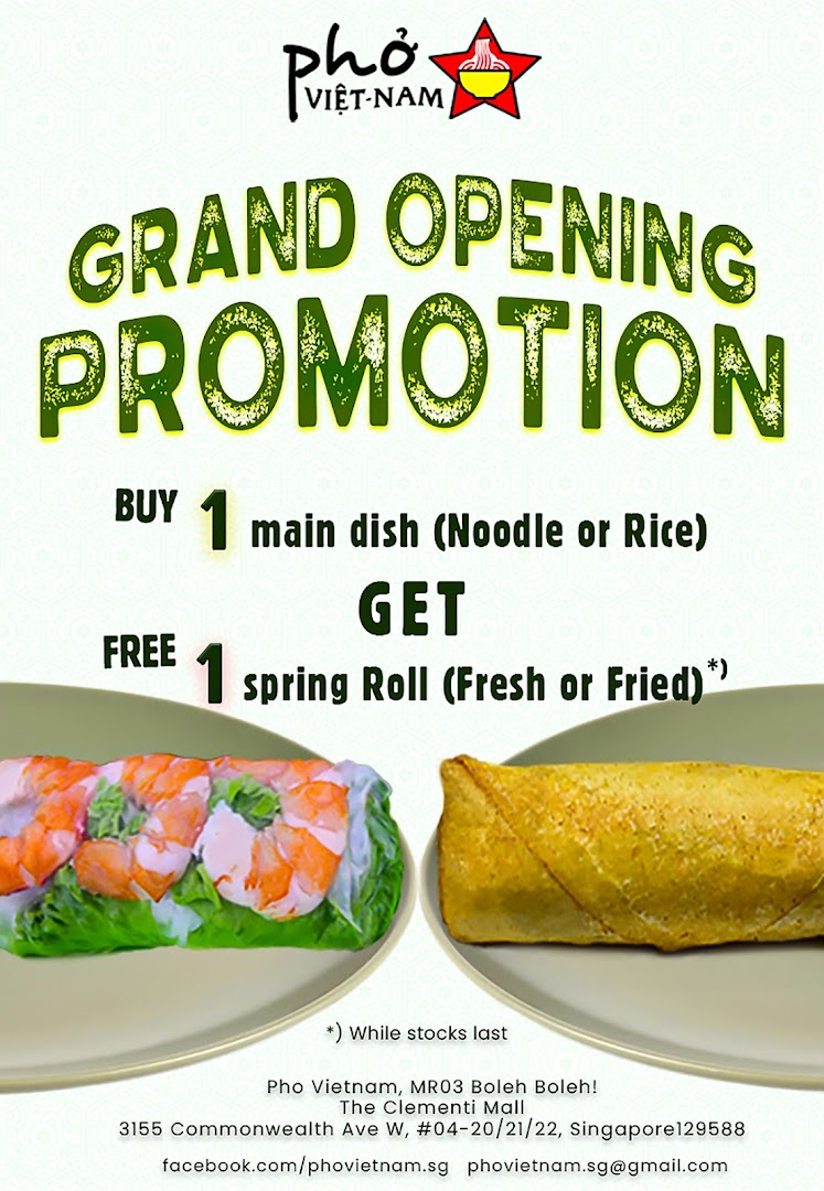 A promotional poster for Pho Vietnam's Grand Opening, featuring a buy-one-get-one-free offer.