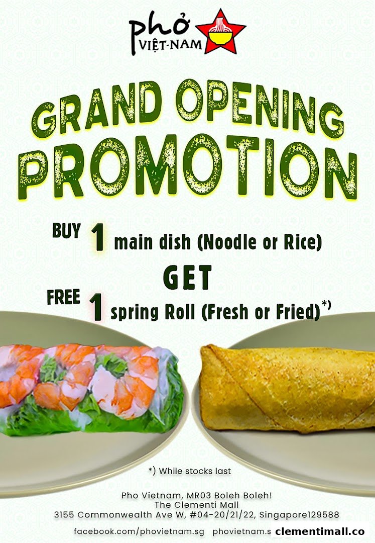 A promotional poster for Pho Vietnam's Grand Opening, featuring a buy-one-get-one-free offer.