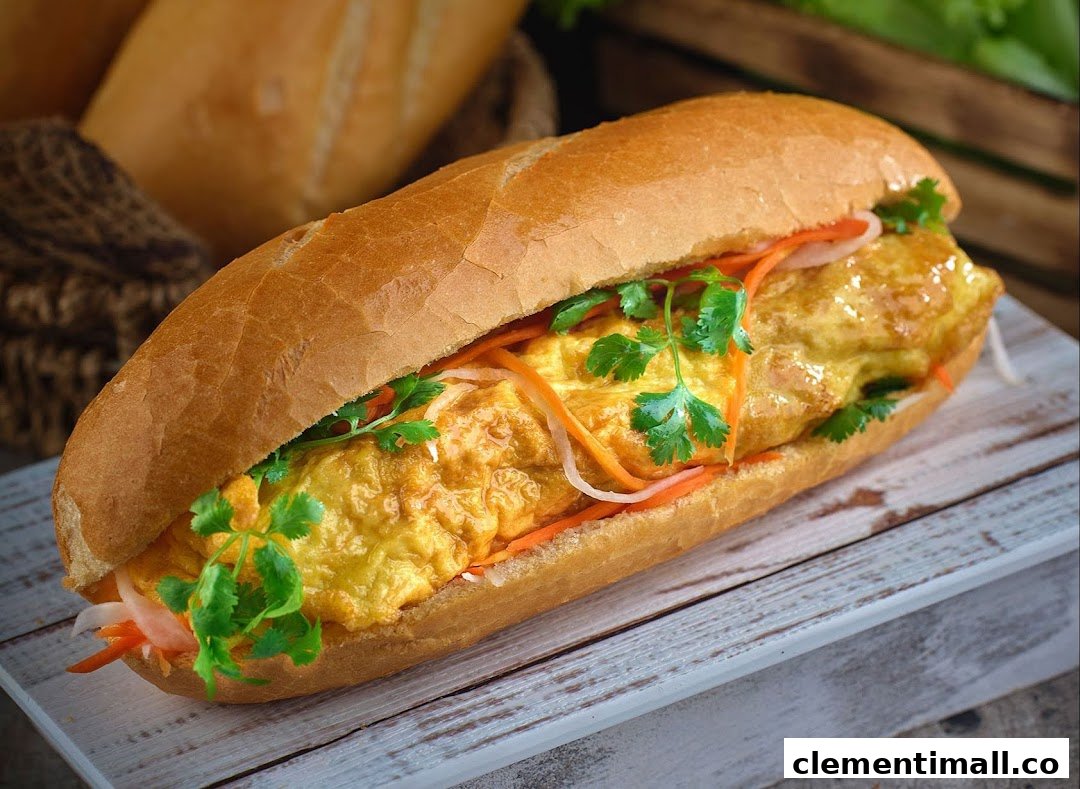 A close-up of a delicious Vietnamese Banh Mi sandwich with omelette and fresh herbs.