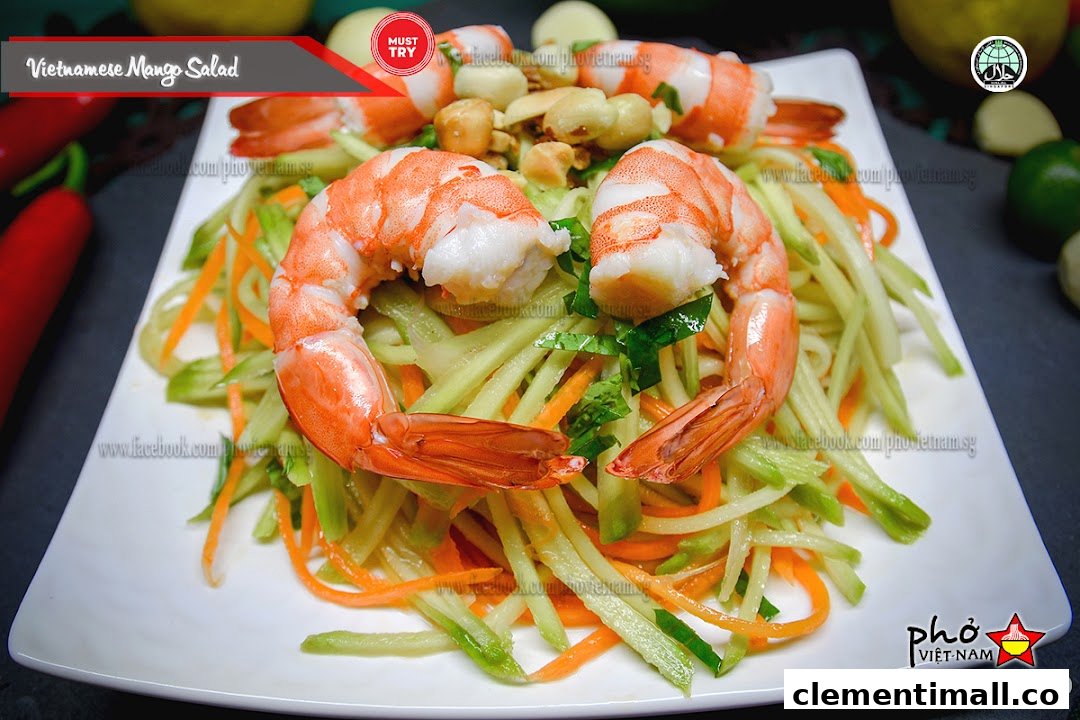 A vibrant Vietnamese Mango Salad with succulent shrimp and fresh vegetables.