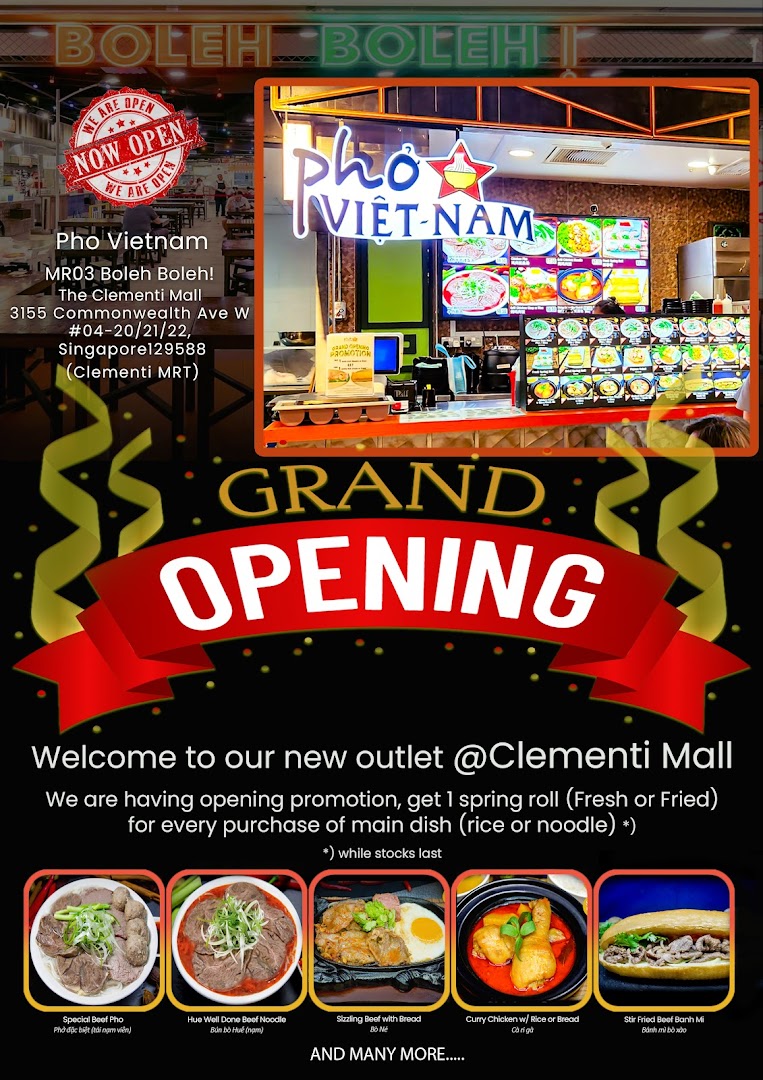 A grand opening poster for Pho Vietnam at Clementi Mall, featuring the shop exterior and popular dishes.