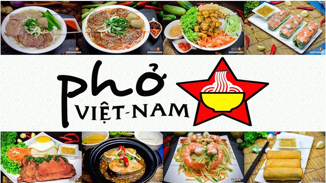 A collage showcasing various authentic Vietnamese dishes and the 'Pho Vietnam' restaurant logo.