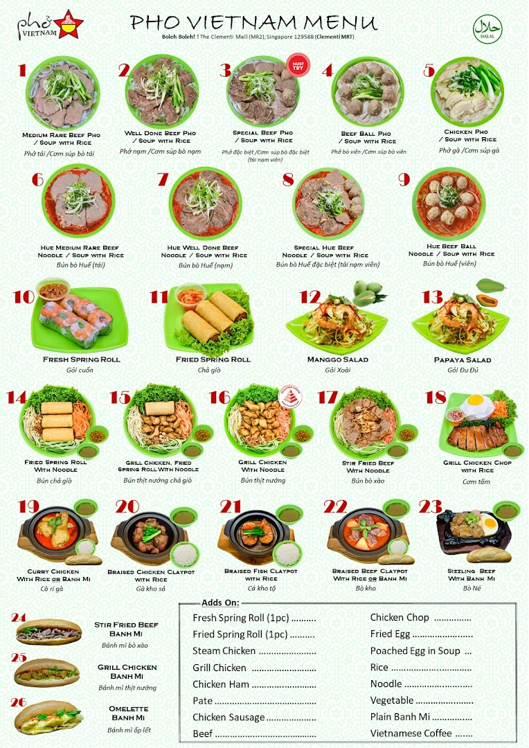 A comprehensive menu from Pho Vietnam Clementi Mall, showcasing various Vietnamese dishes.