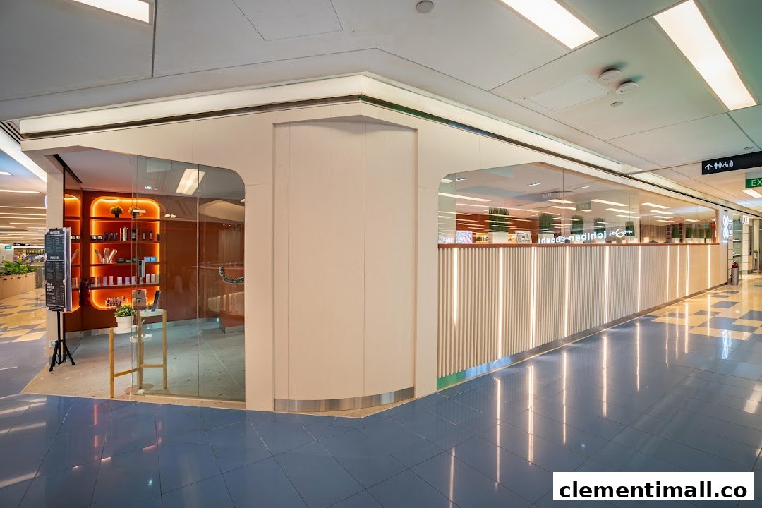 A modern and inviting Pixie Nail Spa storefront with glass walls and warm interior lighting at Clementi Mall.