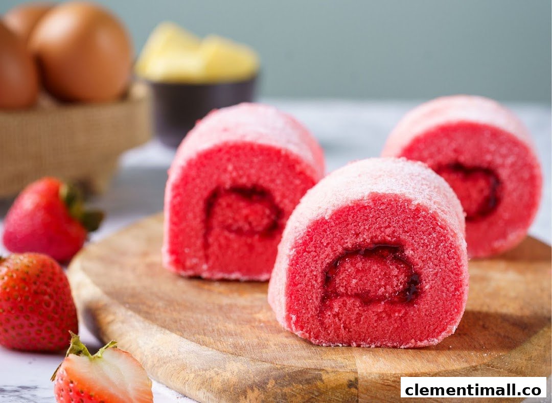 Three vibrant red cake rolls with strawberry filling, alongside fresh strawberries and baking ingredients.