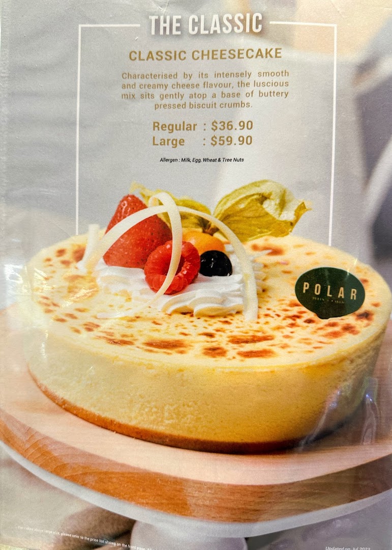A menu page featuring Polar Puffs & Cakes' Classic Cheesecake with its description and prices.