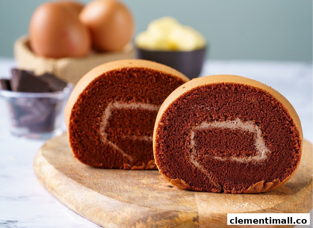 Two slices of chocolate cake roll on a wooden board, with baking ingredients in the background.