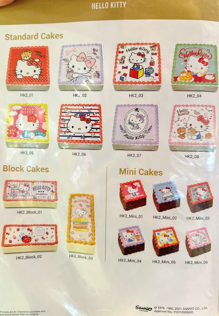 A catalog showcasing various Hello Kitty themed cakes, including standard, block, and mini sizes.