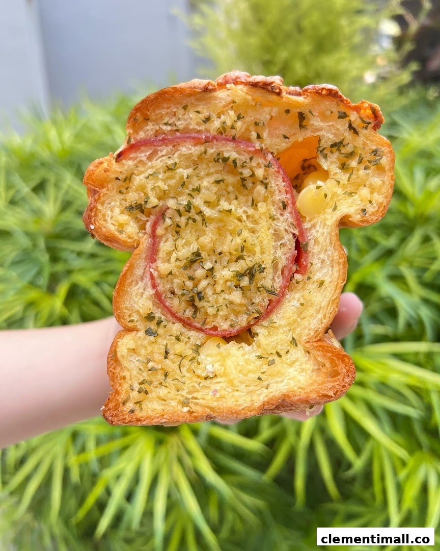 A hand holds a delicious slice of golden-brown garlic bread with a savory red filling.