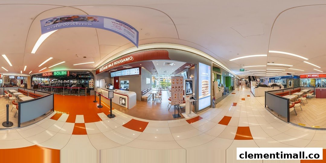A panoramic view of Qin Ji Rougamo's interior, featuring its counter, seating area, and mall surroundings.