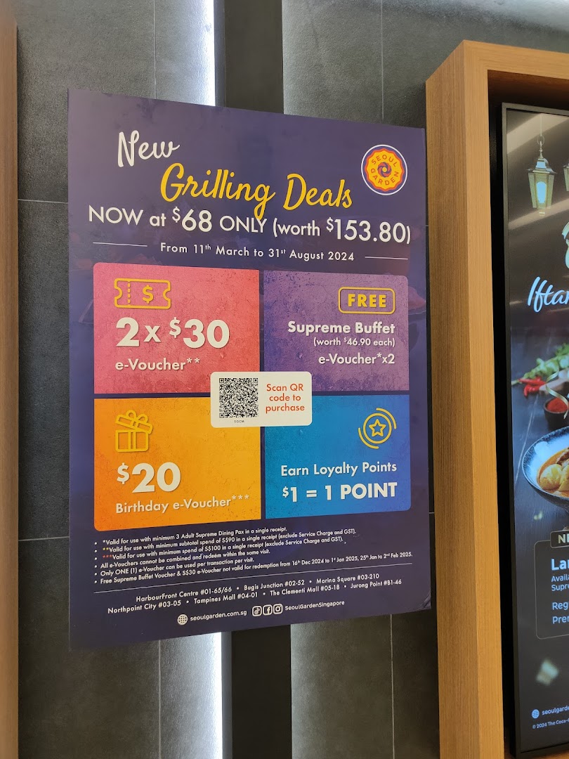 A promotional poster for Seoul Garden displaying 'New Grilling Deals' and various e-vouchers.