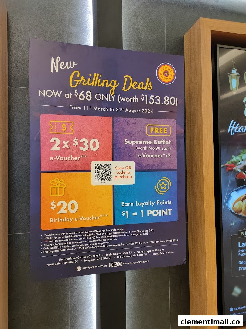 A promotional poster for Seoul Garden displaying 'New Grilling Deals' and various e-vouchers.