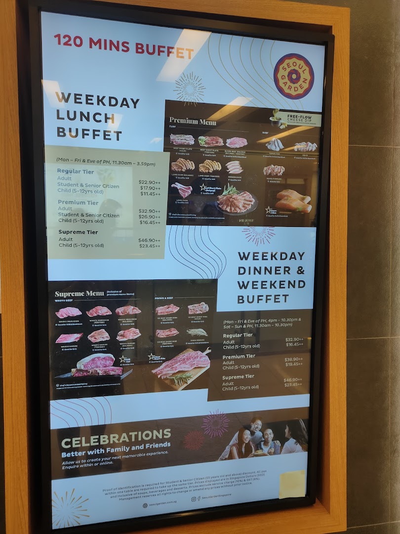 A digital display showcasing Seoul Garden's buffet pricing, menu tiers, and promotional details.