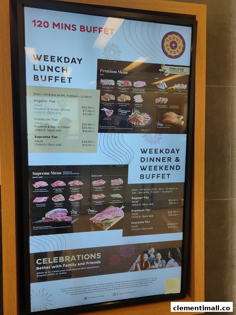 A digital display showcasing Seoul Garden's buffet pricing, menu tiers, and promotional details.