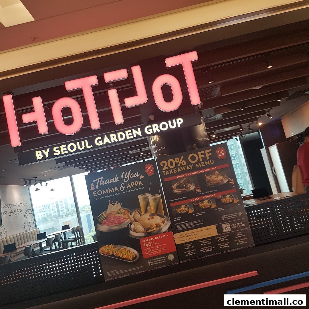 Interior view of Hotpot by Seoul Garden Group, showcasing hotpot and Korean bibimbap promotional menus.