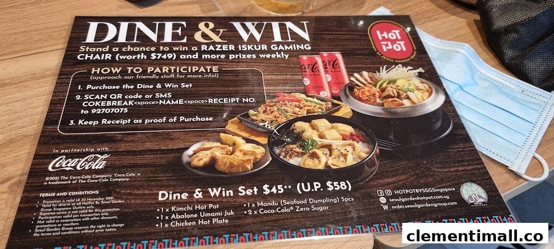 A promotional flyer for Seoul Garden's 'Dine & Win' set, featuring Korean dishes and a gaming chair giveaway.