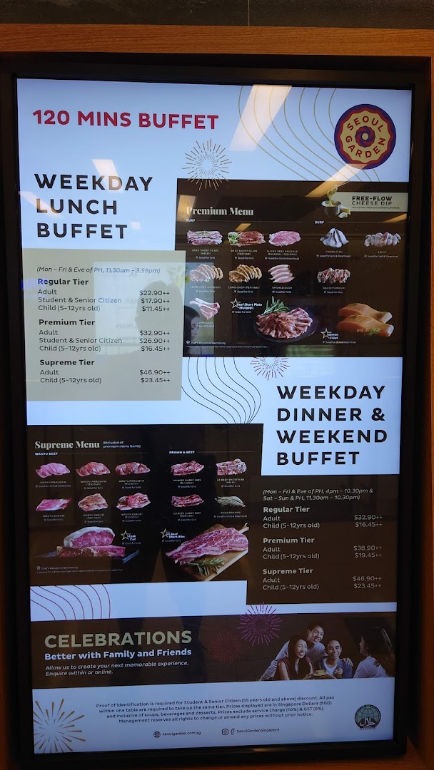 A digital menu board for Seoul Garden, displaying various buffet tiers, prices, and premium food selections.