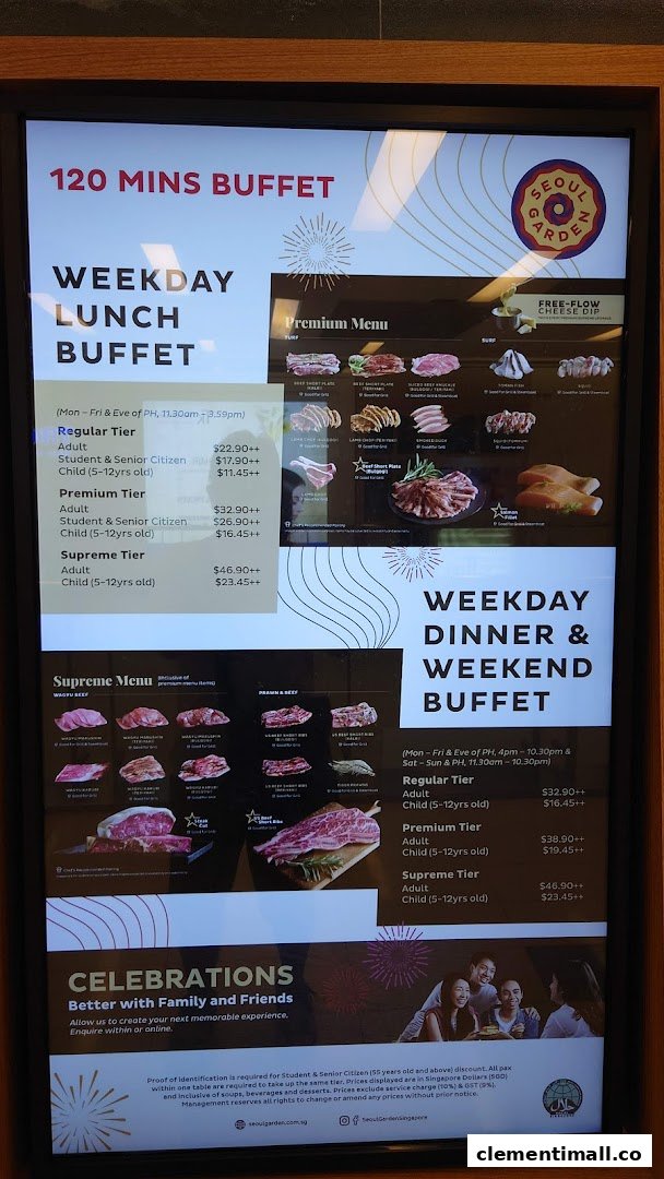 A digital menu board for Seoul Garden, displaying various buffet tiers, prices, and premium food selections.