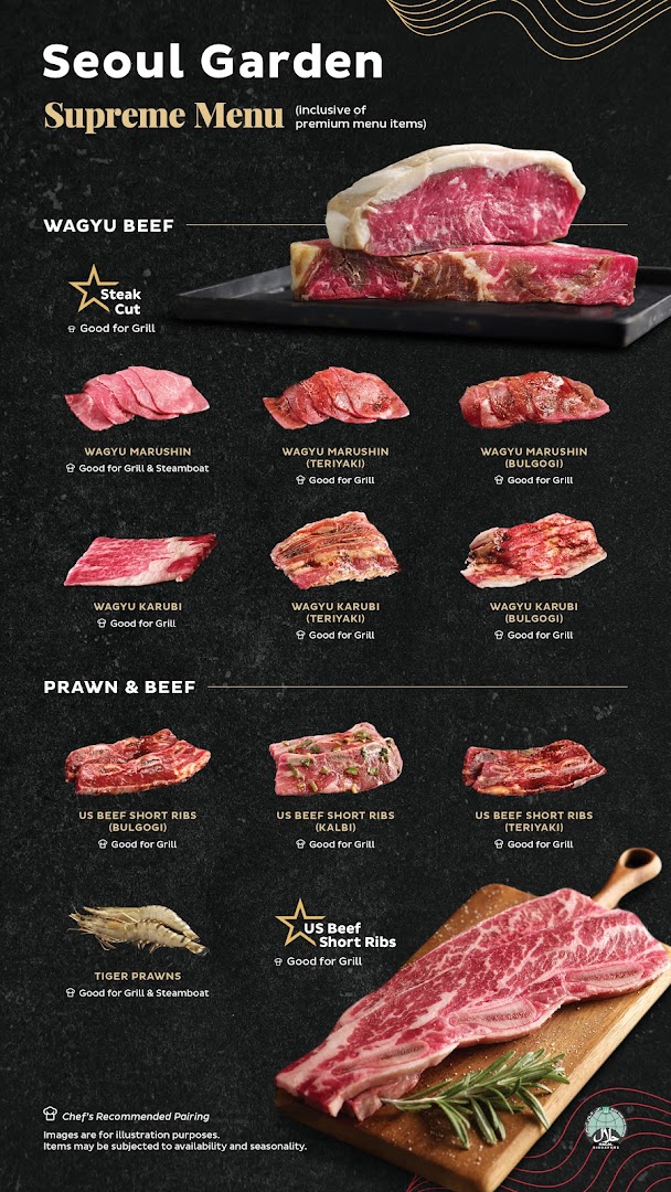 A visual menu showcasing premium Wagyu beef cuts, US beef short ribs, and tiger prawns from Seoul Garden's Supreme Menu.