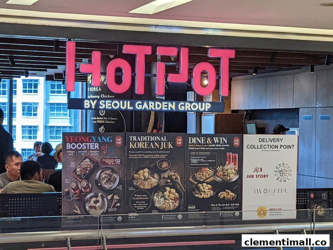 A vibrant display of menu items and promotions for 'Hotpot by Seoul Garden Group', featuring Korean juk and booster sets.
