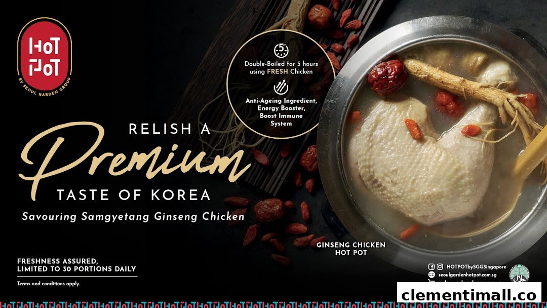 A promotional image showcasing a Ginseng Chicken Hot Pot, highlighting its premium quality and health benefits.