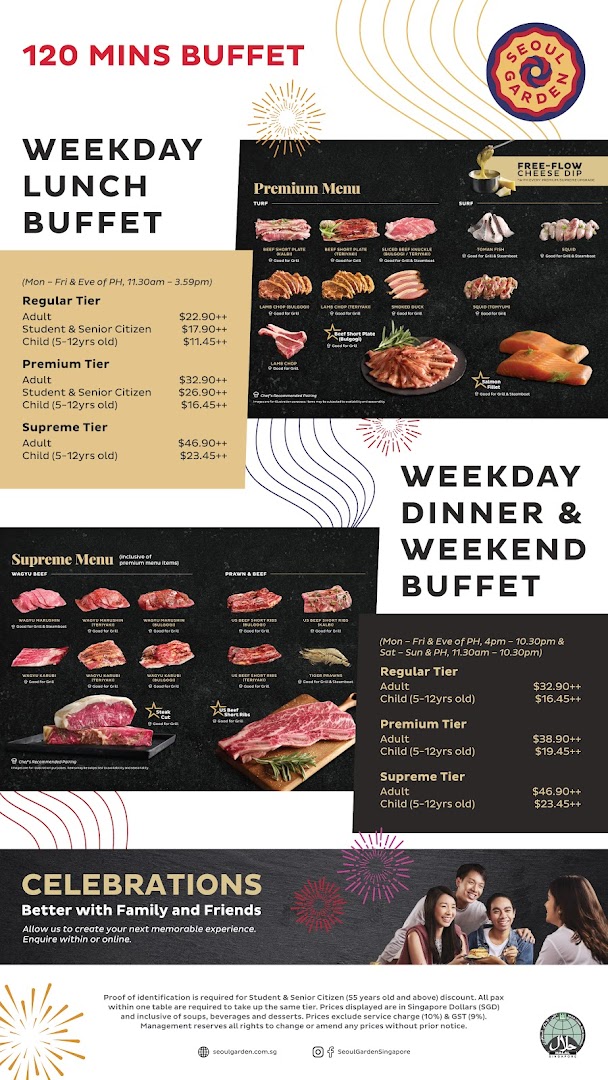 A detailed menu displaying buffet tiers, pricing, and a variety of meat and seafood options for Seoul Garden.