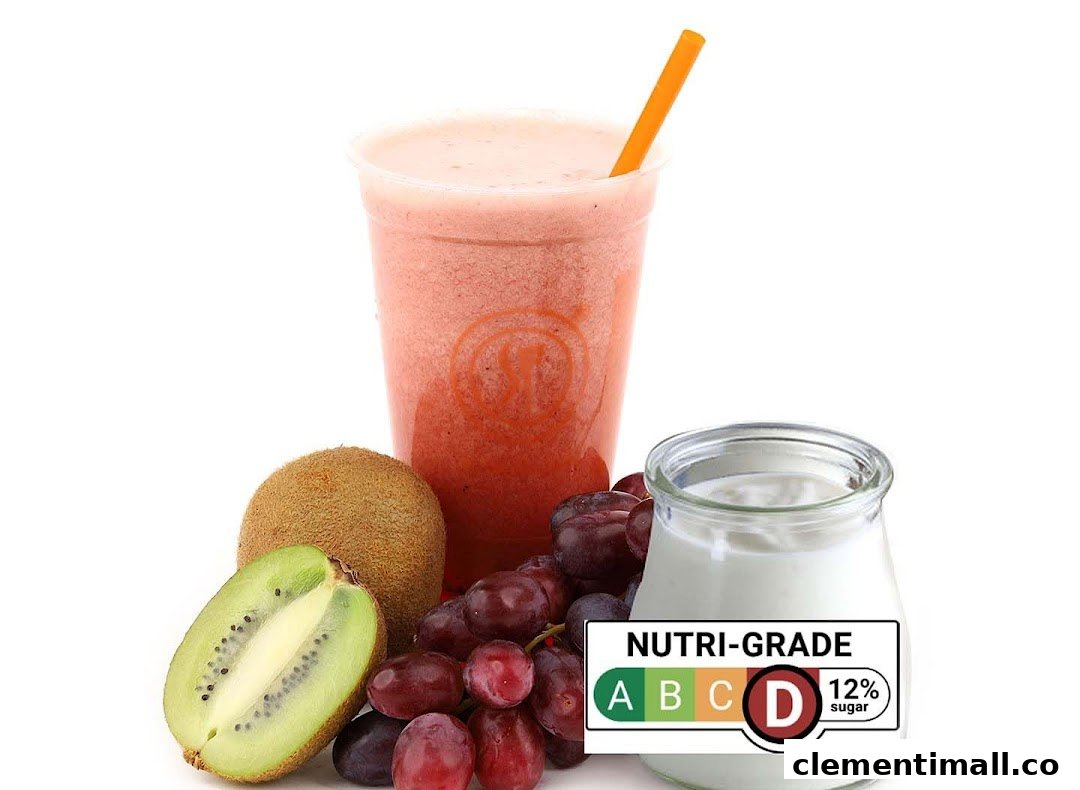 A vibrant smoothie with fresh kiwi, grapes, and yogurt, highlighting healthy ingredients and Nutri-Grade.