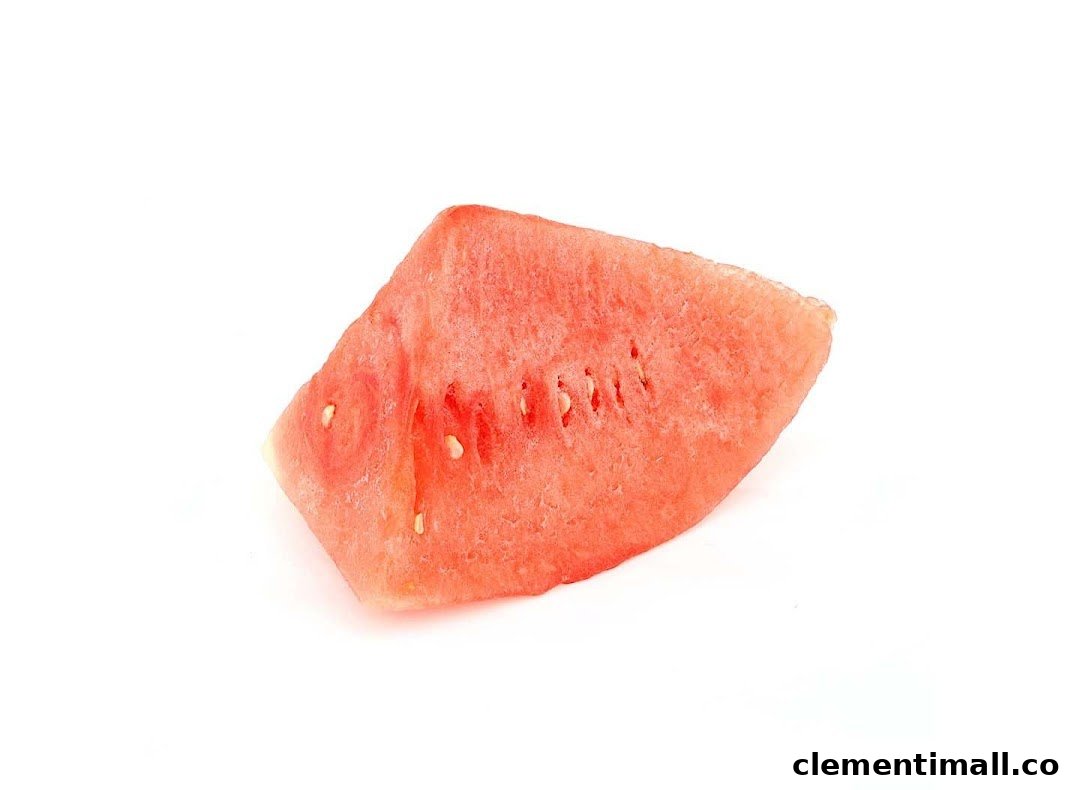A vibrant red slice of watermelon with visible seeds on a white background.