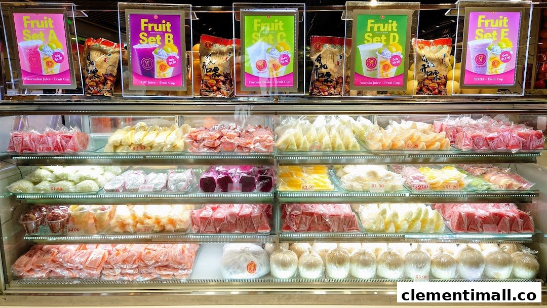 A vibrant display of fresh pre-cut fruits, juices, and fruit sets in a refrigerated case.