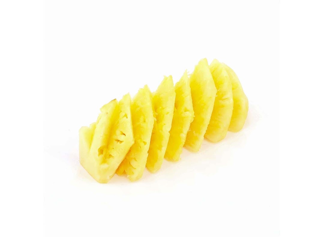 Bright yellow pineapple slices arranged neatly on a clean white background.