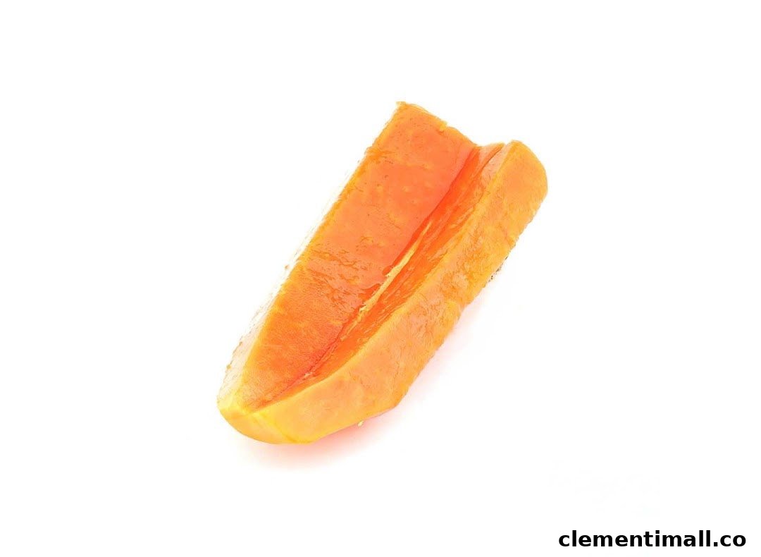 A vibrant orange slice of fresh papaya on a clean white background.
