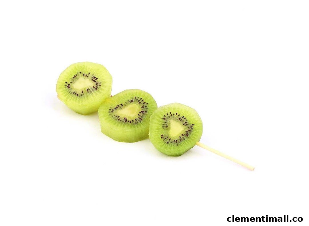 Three fresh kiwi slices on a stick, showcasing a healthy snack option.