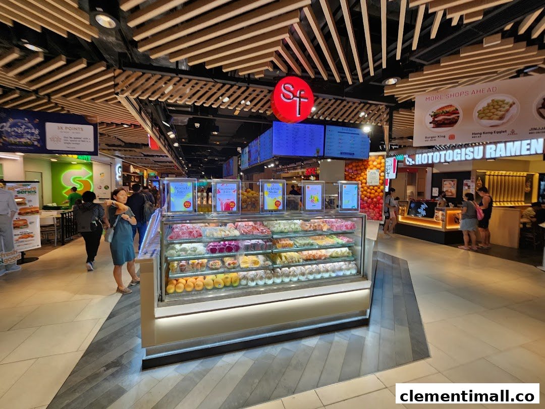 A vibrant fruit and juice stall, SF Fruits & Juices, with a colorful display of fresh produce and drinks in a bustling mall.