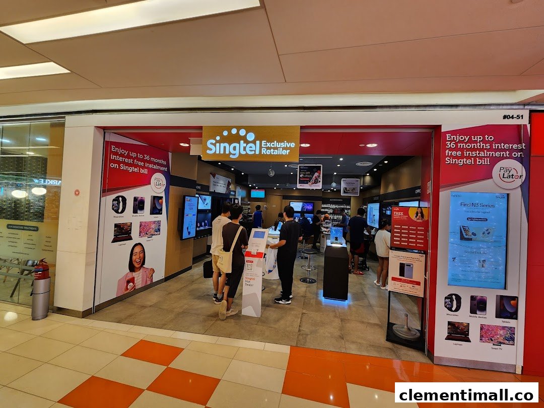 The shop front of Singtel Exclusive Retailer at Clementi Mall, showing customers browsing devices.