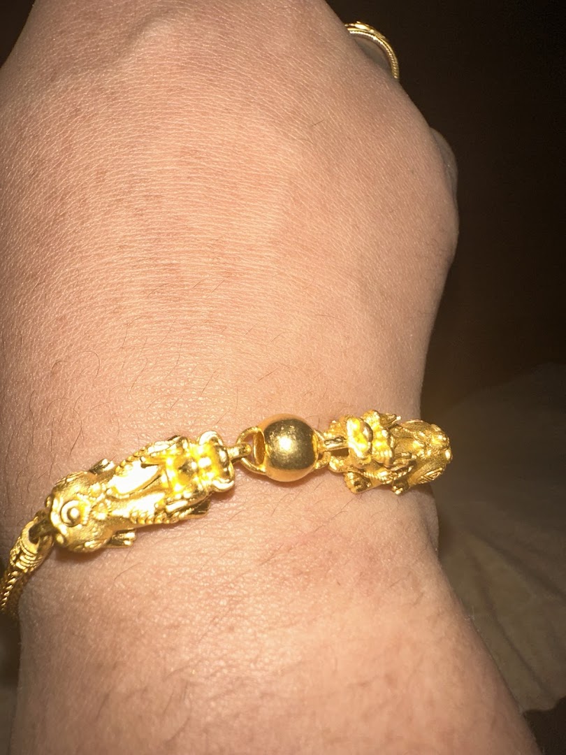 A person's arm adorned with a detailed gold bracelet featuring mythical creature designs.