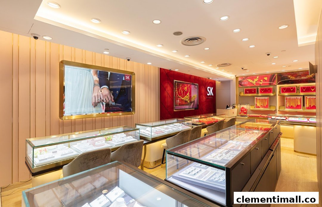 Interior view of SK Jewellery store showcasing display cases filled with various jewelry and digital screens.