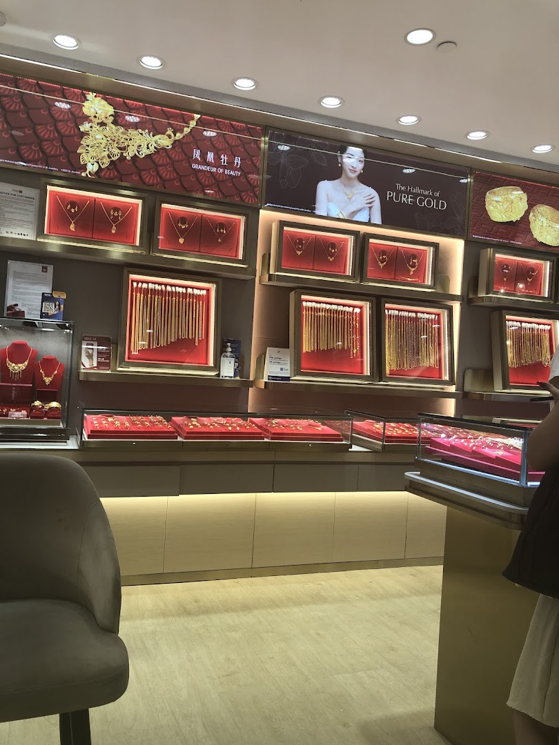 Interior view of SK Jewellery showcasing various gold jewellery pieces in illuminated display cases.