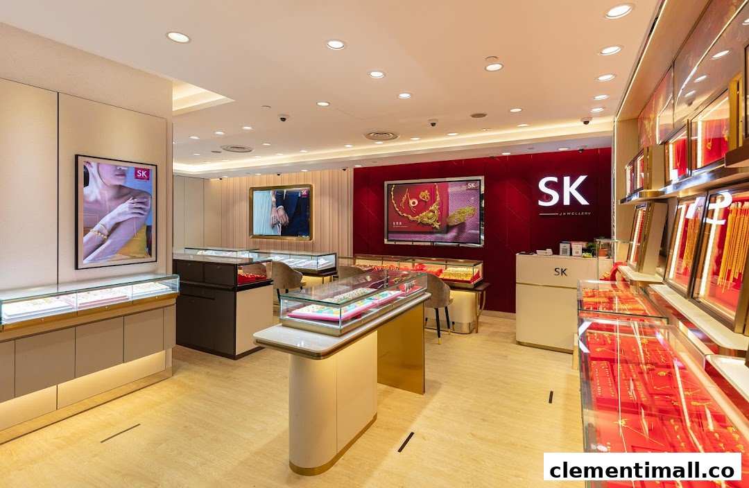 Interior view of SK Jewellery store showcasing elegant display cases and digital screens.