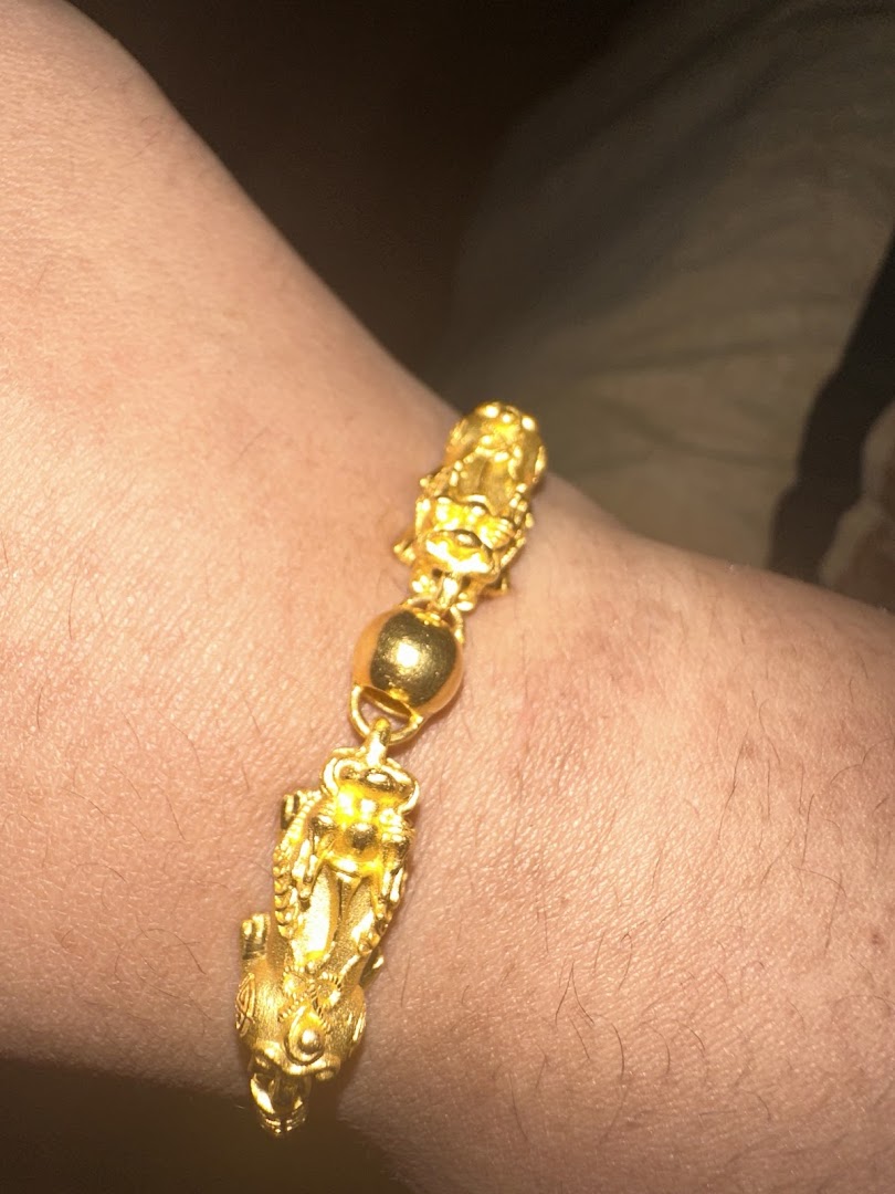 Close-up of a person wearing a detailed gold bracelet with mythical creature charms.