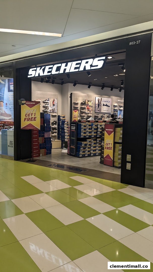 The entrance of a Skechers store featuring a 'Buy 1 Get 1 Free' promotion and shoe displays.