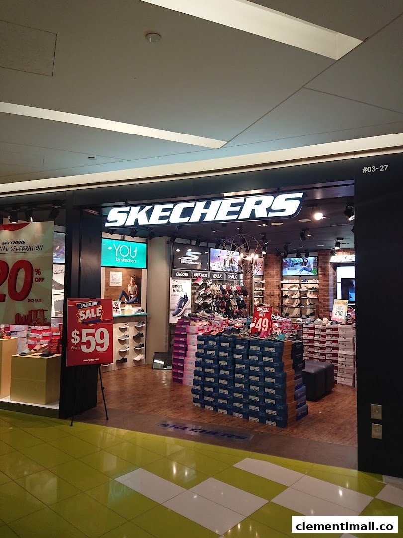 The Skechers storefront features a bright entrance, promotional displays, and stacked shoe boxes.