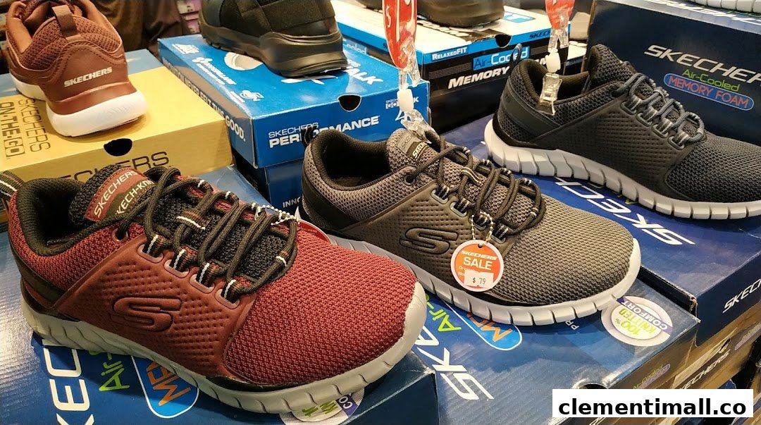 A display of various Skechers athletic and casual shoes, including models with Air-Cooled Memory Foam.